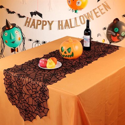 Hallowen Spider Tablecloth Black Lace Cobweb Fireplace Cover
