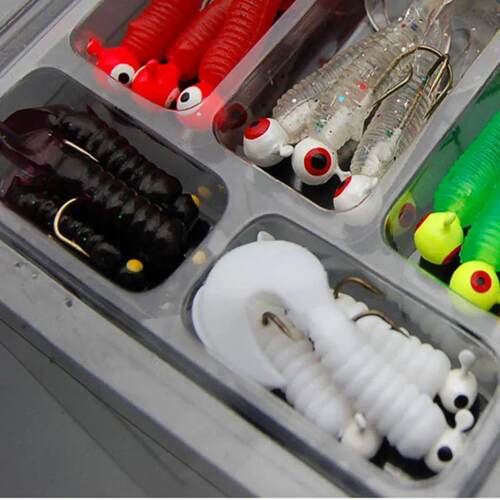 21Pcs/Set Mini Soft Fishing Lure Jig Head Hook Grub Worm Sil