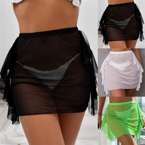 Women tassel Trim Sheer Beach Skirt ver Up Skirt Beach Wrap