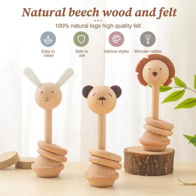 Wooden Animal Rattle Toys for born Wooden Teether Baby 0 12