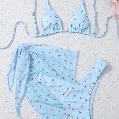 Peachtan Mesh 3 Pieces Bikinis Set Print Womens Swimsuit Tr
