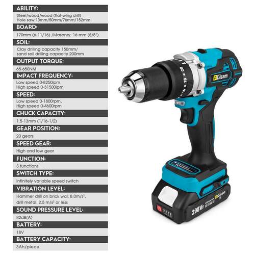 Powerful Electric Impact Drill Screwdriver 13mm Chuck Brushl