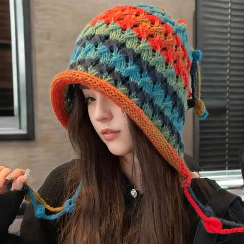 Women Winter Knitted Cap Plush Ball Decor Elastic Thick Holl