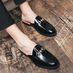 Summer Half Shoes for Men Black Loafers Slippers Patent Leat
