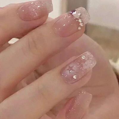 24Pcs Glitter Diamond Press On Nails Sweet Cute Girl Acrylic
