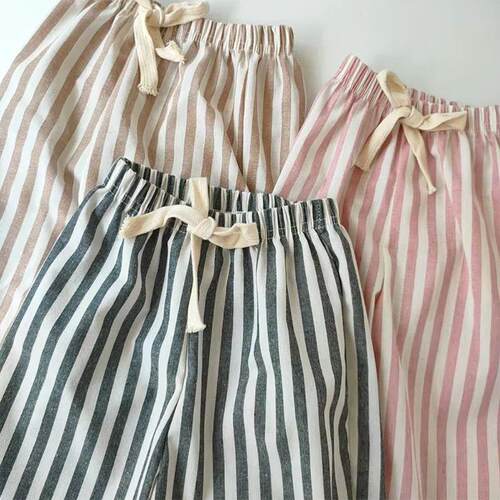 Retro Hemp Cotton Striped Boys Pants with A Casual and High