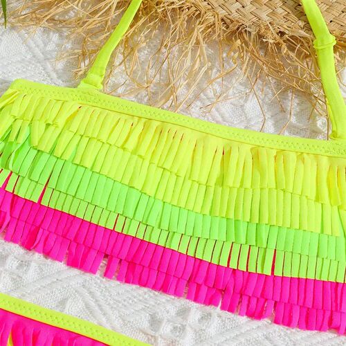 Girls Patchwork Fringe Bikini Swimsuit Kids Halter Top Two P
