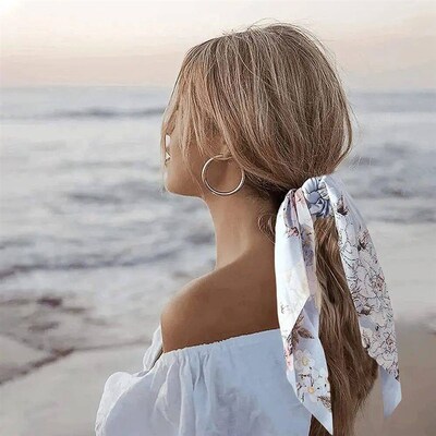2023 Fashion Print Chiffon Long Ribbon Scrunchies Women Girl