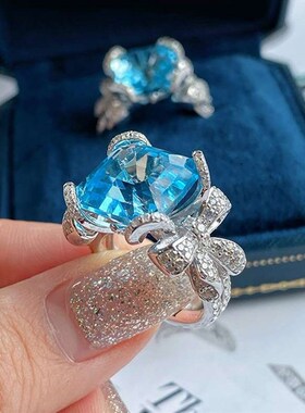 High-end artificial aquamarine topaz bow full diamond open r