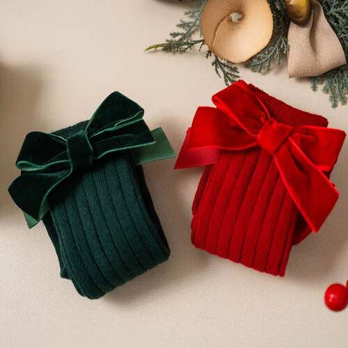 Kids Christmas Girls Socks Autumn Winter Toddlers Red Bowkno