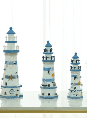地中海风格木制做旧大号灯塔摆件家居客厅玄关桌面落地装饰工艺