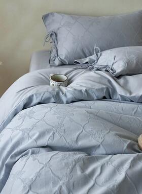 A类秋冬加厚全棉磨毛四件套浮雕提花纯棉被套床笠床上用品蓝紫色