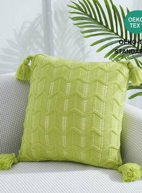 简约绿色手工流苏抱枕沙发靠垫卧室床上用抱枕带流苏抱枕拍照道具