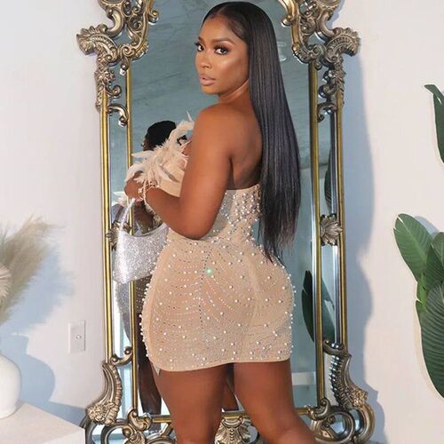 Off The Shoulder Mesh Rhinestone Beaded Feather Prom Corset