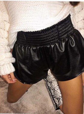 Black Faux Leather Biker Shorts Women Elastic High Waist Wid