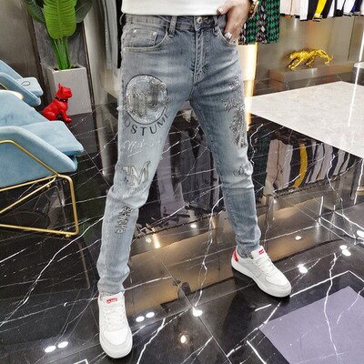 Sretch Jeans Mens Heavy-duty Hot-drilling Printed rendy Bra