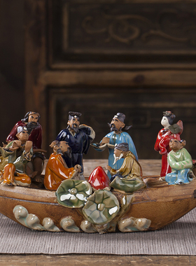 美吔手工石湾陶瓷八仙过海曹国舅蓝采和假山盆景鱼缸造景书房装饰