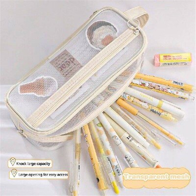 Fashion Minimalist Large Capacity Transparent Mesh Pen Bag