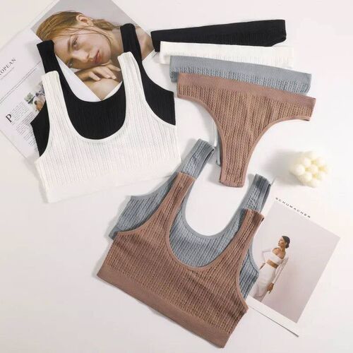 Seamless Ribbed Bra Set Women Crop ops High Waist Briefs Und