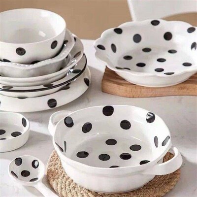 Creative Black Polka Dot Ceramic Dinner Plate Salad Bowl