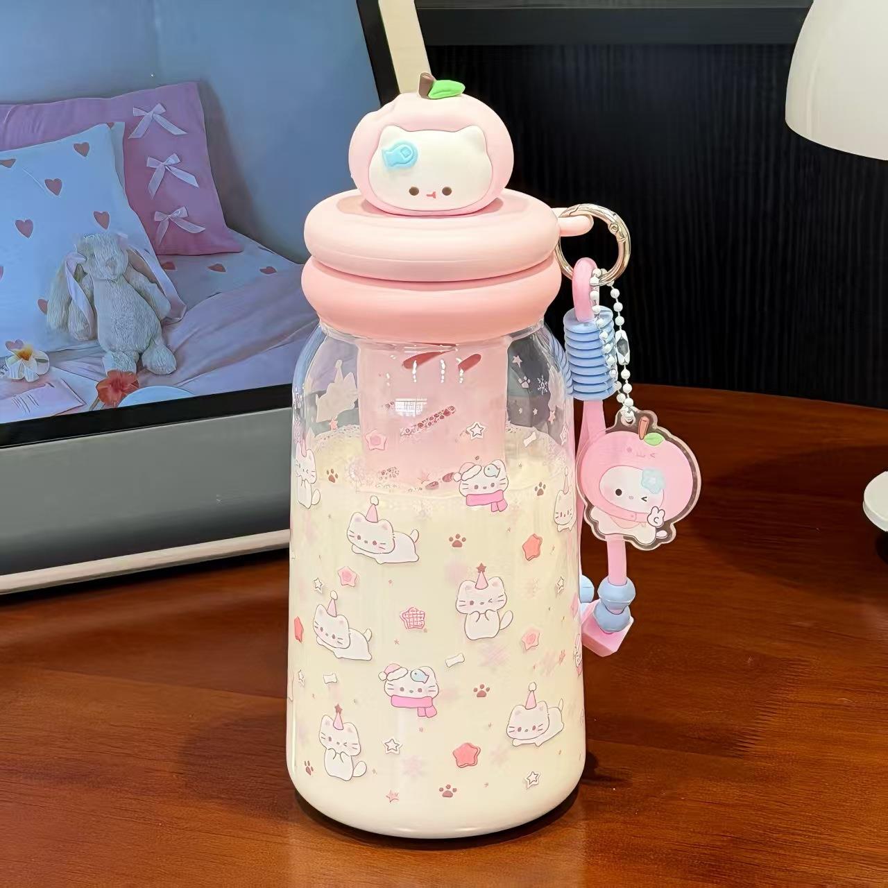 可爱卡通猫爪提绳水杯大容量带茶隔学生上学专用便携防摔塑料杯