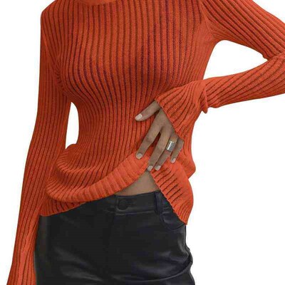 top color sleeve neck knitted long women Solid round