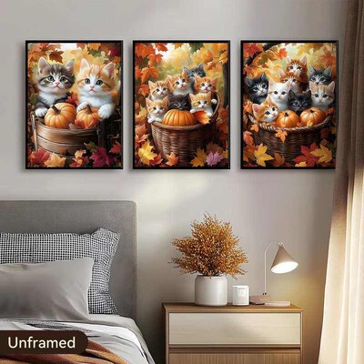 Autumn Maple Leaves And Cats Canvas Wall Art Print Posters 3