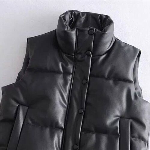 2023 Autumn Winter PU Leather Coat Women Black Stand Collar