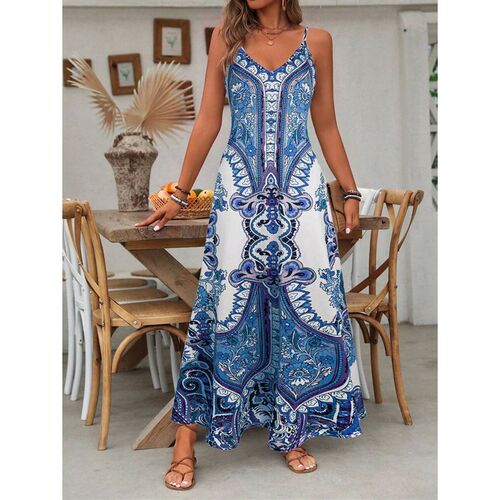Summer womens floral print halter dress, long, adjustable