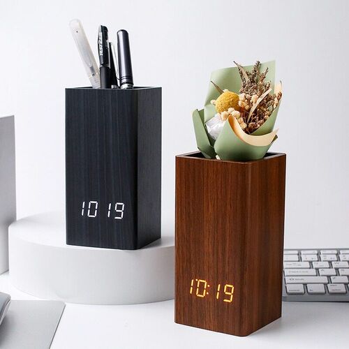 Pen Holder Wooden Clock Creative Voice-Activated Electronic