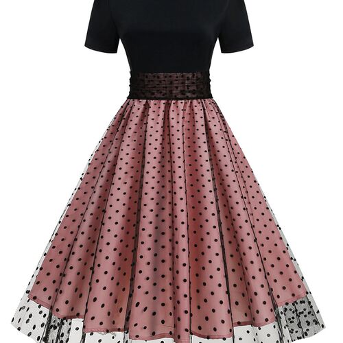SISHION Short Sleeve Mesh Tulle Patchwork Pink Dress VD