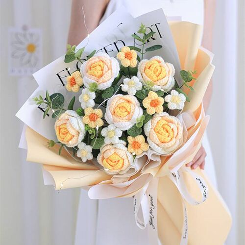 Knitting wool bouquet Gradient color rose eternal flower Bir