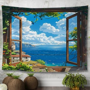 窗外海上风景背景布治愈系挂布卧室床头墙壁遮丑布房间装 饰画布艺