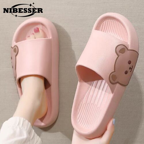 Women Summer Slippers Beach Slides Cartoon Bear Flip Flops M