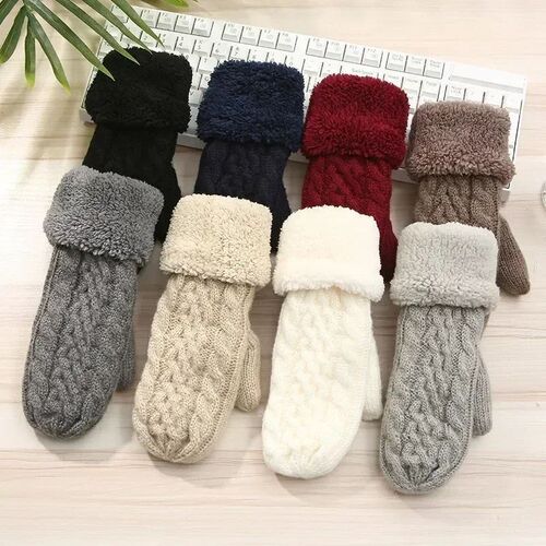 Women Fashion Knit Twist Flowers Mittens Winter Female Wool