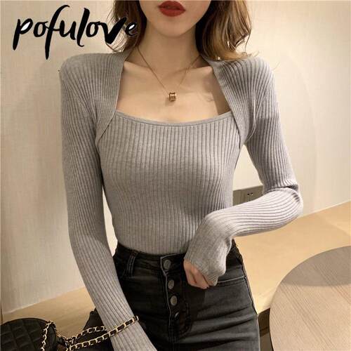 Women Sweater Pullover Long Sleeve Top Square Collar Casual