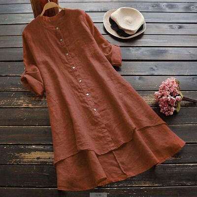 Womens Spring Solid Cotton Linen Shirt Dress Ladies Loose D