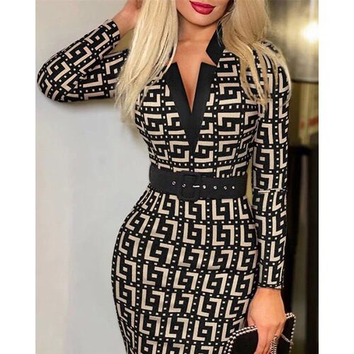 Geo Print Slim Fit Dress Elegant High Waist Slit Midi
