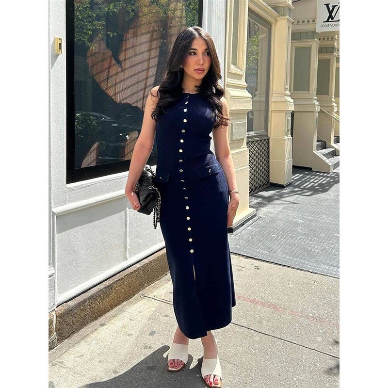 Elegant Knitted Long Dresses Women Summer O Neck Sleeveless图片