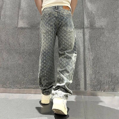 Jacquard Pattern Denim Pants Male Straight Fitting Baggy Bot