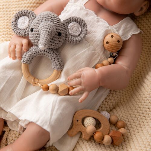 1PC Baby Rattle Toys Cartton Animal Crochet Wooden Rings Rat
