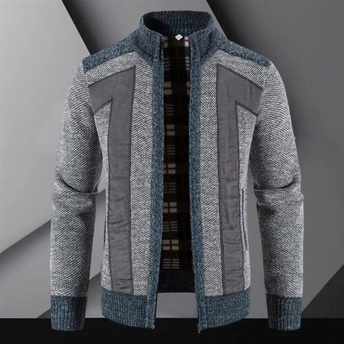 Winter Men Coat Knit Plush Contrast Colors Patchwork Breatha
