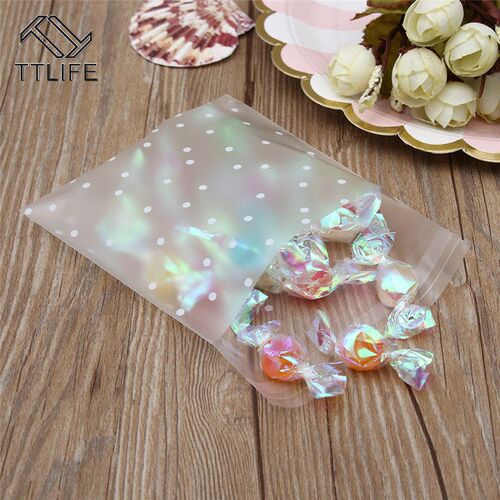 100pcs Plastic Transparent Cellophane Bags Polka Dot Candy C