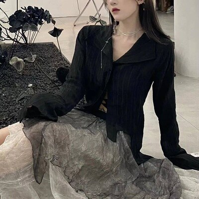 Gothic Women Black Shirts Korean Dark Academic Female Design