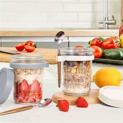 1pc Reusable Glass Oats Containers with Lid and Spoon-Large