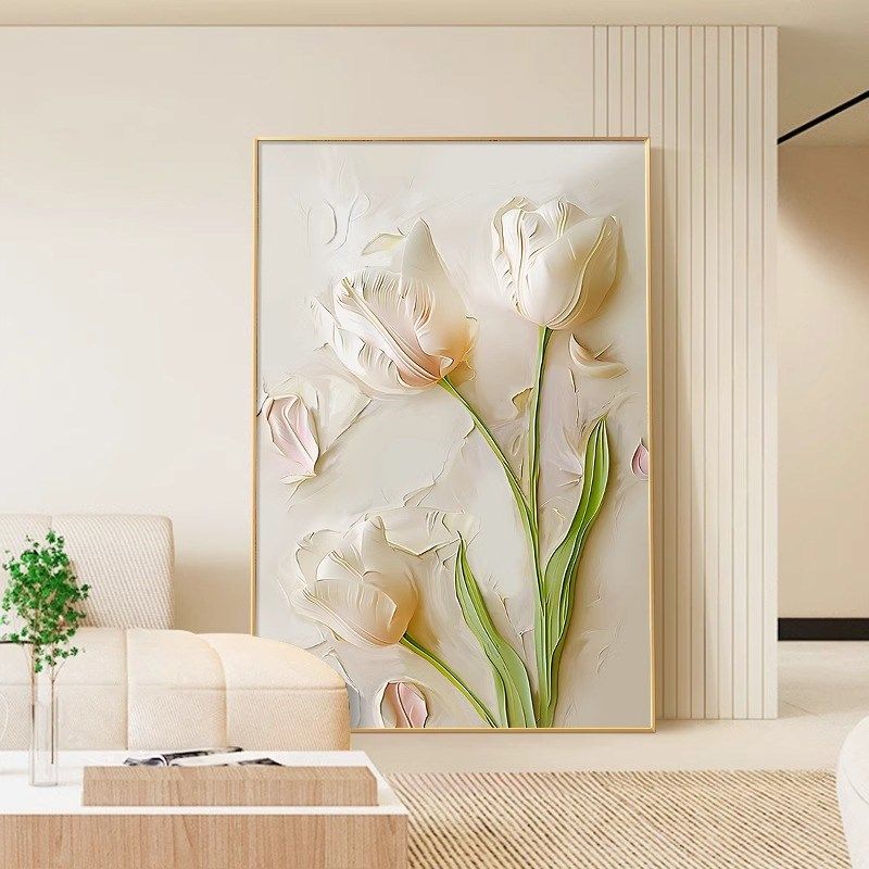 奶油风客厅装饰画抽象高级感郁金香肌理感玄关挂画沙发背景墙壁画,家居饰品,现代装饰画,淘宝优惠券,粉丝福利购,淘宝优惠卷