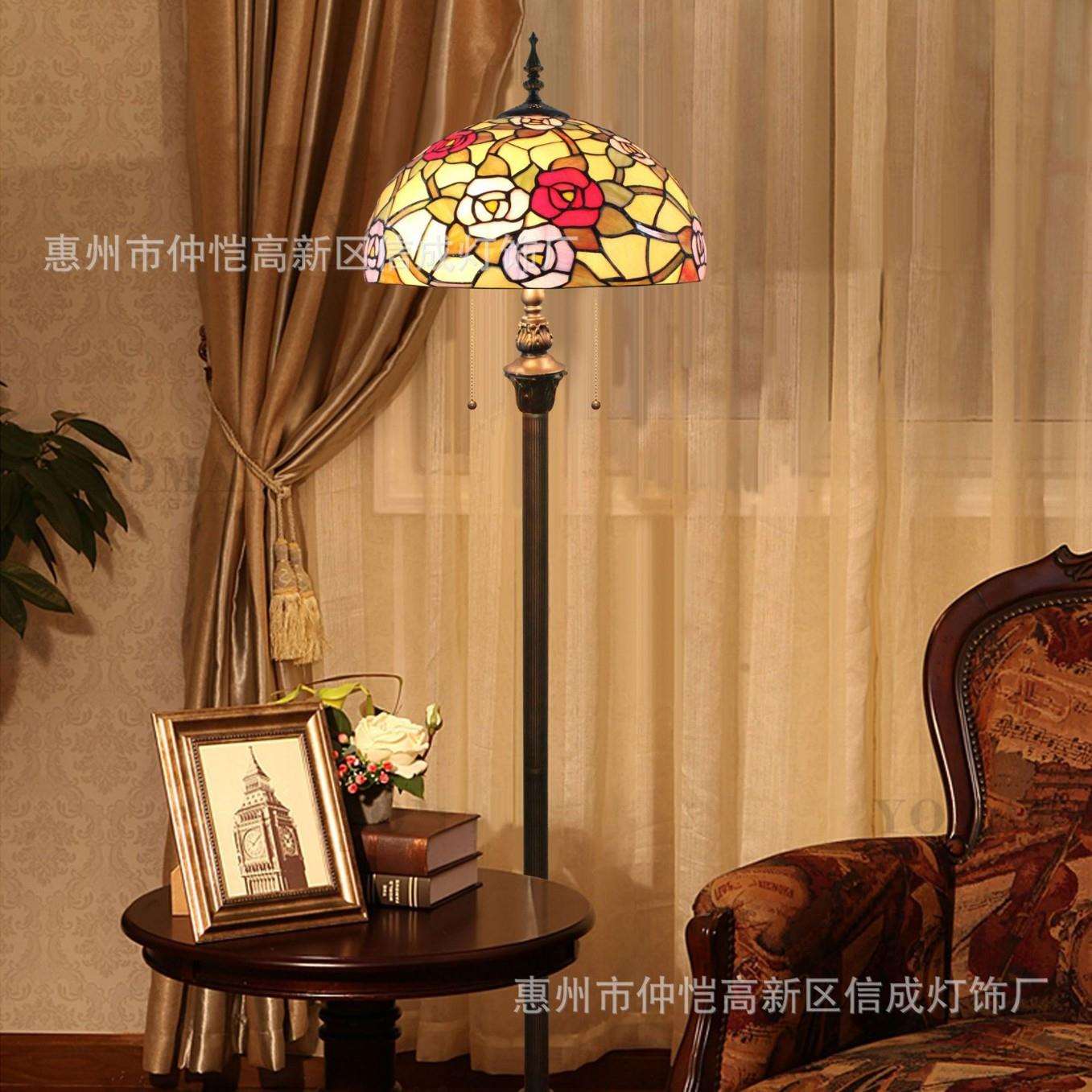 跨境蒂凡尼彩色玻璃立灯餐厅酒吧咖啡厅卧室书房粉红玫瑰花落地灯