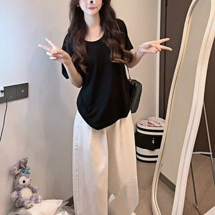 正肩黑色净版简约百搭U领短袖t恤女夏2026新款超火减龄小个子上衣