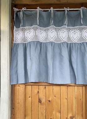 海风轻语蓝色棉布心型钩针厨房窗帘半帘门帘免打孔系带式