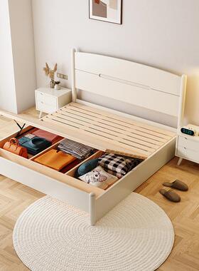 北欧白色实18153木床物现代约奶油风1.8米主卧双简人床箱格体储1.